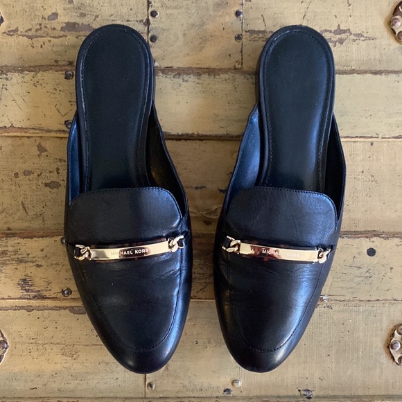 MICHAEL KORS DESIGNER BLACK 100% LEATHER MULES SLIP ON LOAFER SHOES 8 M - Picture 2 of 16